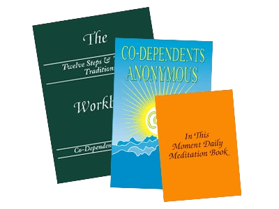 three overlapping books. The book on the left is dark green with white text and horizontal lines called The CoDA Workbook. The middle book has a blue cover with yellow text, an emblem of a sun, and wavy white lines at the bottom resembling water called Co-Dependents Anonymous. The book on the right is orange with simple black text centered on the front called In This Moment Daily Mediation Book.