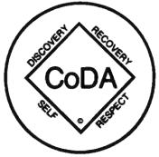 Circular logo with "CoDA" at the center of a diamond, surrounded by words: "DISCOVERY," "RECOVERY," "SELF," "RESPECT."