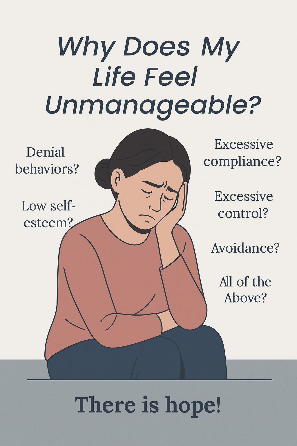 an illustration of a person with a distressed expression, sitting with their head resting on their hand. The person is wearing a long-sleeved, peach-colored top and blue pants. Surrounding the illustration are several questions in dark blue text, addressing feelings related to self-esteem and control. The background is light gray, and the overall tone suggests introspection or emotional struggle.

Transcribed Text:

Why Does My Life Feel Unmanageable? Denial behaviors? Low self-esteem? Excessive compliance? Excessive control? Avoidance? All of the Above? There is hope!